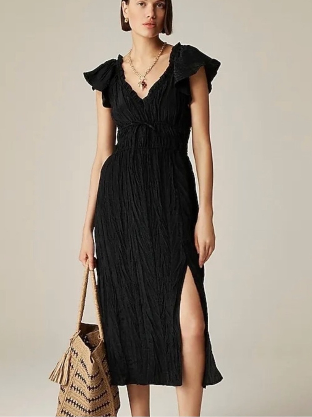 J.Crew Palermo Crinkled Smocked Maxi Dress Black Ruffle V-Neck Size L